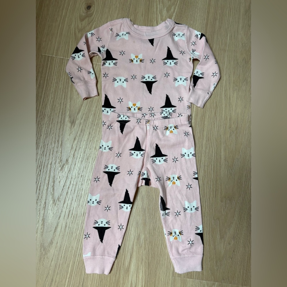 Hanna Andersson halloween black cat pink two piece pajamas size 18-24 months